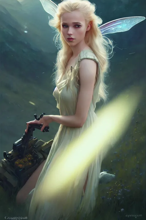 Image similar to cinematic shot of an epic portrait of a cute blonde fairy dressed in military clothes, stylised military clothes, large wings on back, shiny skin, beautiful, small details, realistic poster with volumetric light from jeremy lipkin and michael garmash, craig mallism, artgerm, unreal engine, radiant light, digital art, trends at art station, a masterpiece