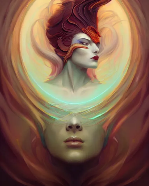 Prompt: beautiful feathered beauty portrait, artgerm, peter mohrbacher, radiant light, swirling feathers