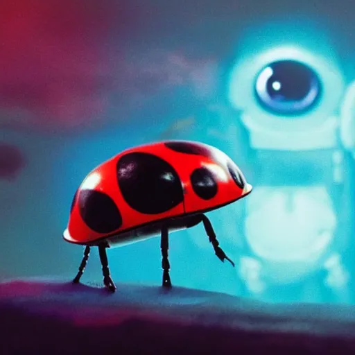 Prompt: promotional still wide angle, ladybug quadrupeds with big rgb eyes, huge ladybug motherships, epic road - trip in outer space, dramatic lighting, ( e. t. the extra - terrestrial ), batteries not included, harry potter, imax, 7 0 mm.
