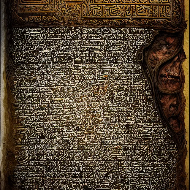 Image similar to ultra - realistic photo an evil - looking dead sea scroll with nabeatean aramaic in short sideways columns, dark, brooding, volume lighting, atmospheric lighting, painted, intricate, ultra detailed by leesha hannigan, thierry doizon, kai carpenter, well composed, best on artstation, cgsociety, epic, stunning, gorgeous, intricate detail, wow, masterpiece