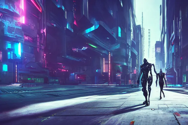 Image similar to cyberpunk alien concept inspired street, futuristic look, highly detailed body, very powerful, photorealistic camera shot, bright studio setting, studio lighting, crisp quality and light reflections, unreal engine 5 quality render