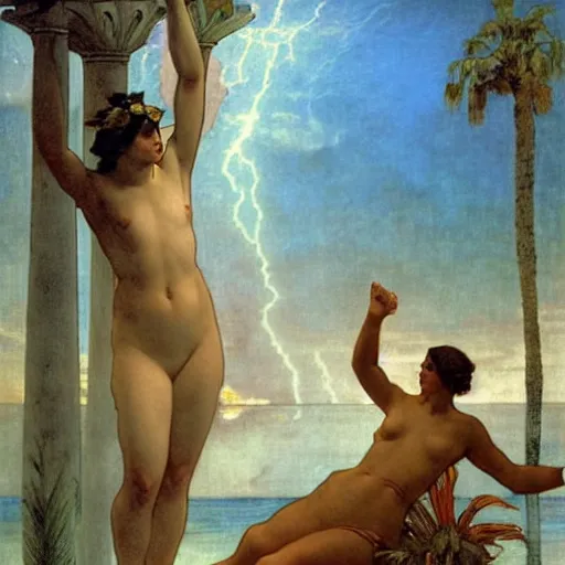 Image similar to Demon girls at the giant column, thunderstorm, greek pool, beach and palm trees on the background major arcana sky, by paul delaroche, alphonse mucha and arnold böcklin arnold böcklin hyperrealistic 8k, very detailed