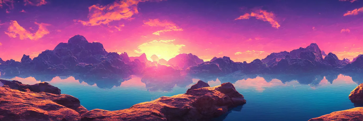 Image similar to super detailed color art, a sinthwave northern sunset with rocks on front, lake in the middle of perspective and mountains at background, unreal engine, retrowave color palette, 3d render, lowpoly, colorful, digital art