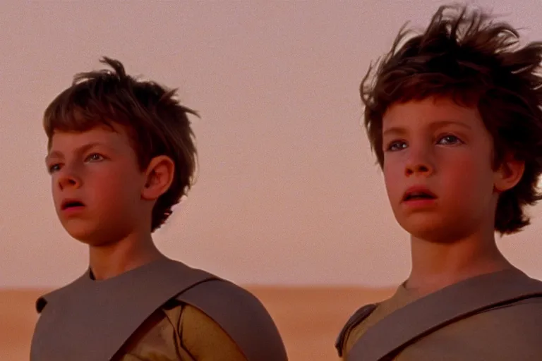 Image similar to a cinematic headshot portrait of a boy in the movie dune, in a serene vast desert, film still, cinematic, movie still, dramatic lighting, 1 6 : 9 ratio