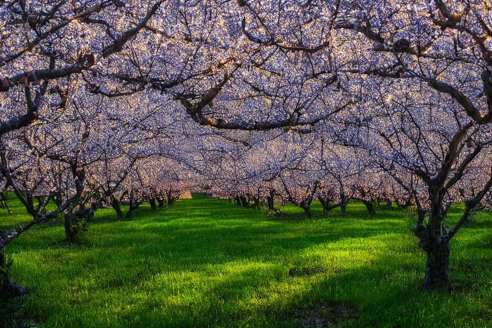Prompt: a beautiful orchard in full bloom, blue hour. distant mountains. by mary helmreich. dramatic lighting.