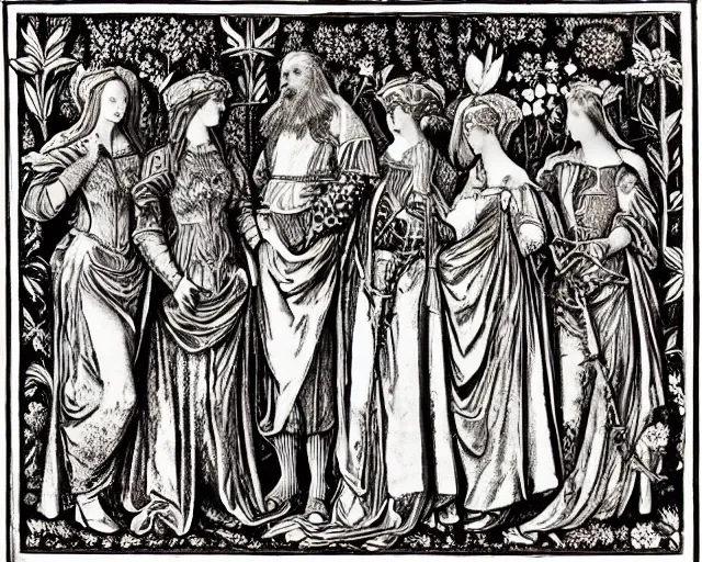 Image similar to lancelot and the four queens by william morris, monochrome,