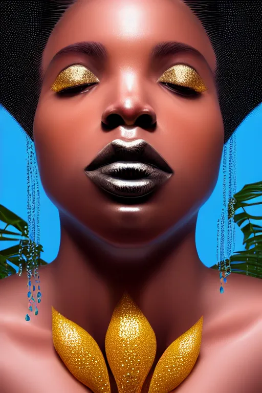 Prompt: hyperrealistic precisionist cinematic profile very expressive! black oshun goddess, in water! up to shoulders, mirror dripping droplet!, gold flowers, highly detailed face, digital art masterpiece, smooth eric zener cam de leon, dramatic pearlescent turquoise light on one side, low angle uhd 8 k f / 2. 8 iso 1 0 0 0 6 s