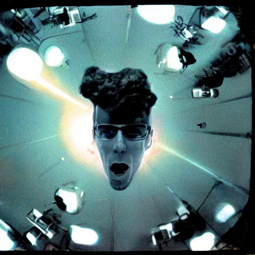 Image similar to filmic extreme realistic wide shot dutch angle movie still 35mm film color photograph of a man's head exploding, in the style of Scanners