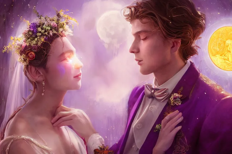 Image similar to a dreamlike cinematic portrait of wedding photograph close up moment of a divine a russia sun god and moon goddess lovers magician at a wedding banquet. portraiture. digital painting. artstation. concept art. fantasy wedding photo. digital painting, 8 k realistic, hyper detailed, violet evergarden art masterpiece by art by krenz cushart