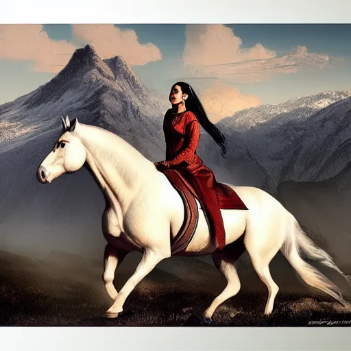 Prompt: a beautiful young kurdish woman riding a beautiufl white horse in the kurdish mountains art by martin ansin, highly detailed, 8 k, high resolution, award winning art, incredibly intricate