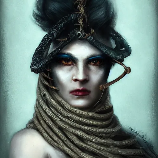 Image similar to portrait of a Shibari rope wrapped face and neck, headshot, insanely nice professional hair style, dramatic hair color, digital painting, of a old 15th century, old cyborg merchant, amber jewels, baroque, ornate clothing, scifi, realistic, hyperdetailed, chiaroscuro, concept art, art by Franz Hals and Jon Foster and Ayami Kojima and Amano and Karol Bak,