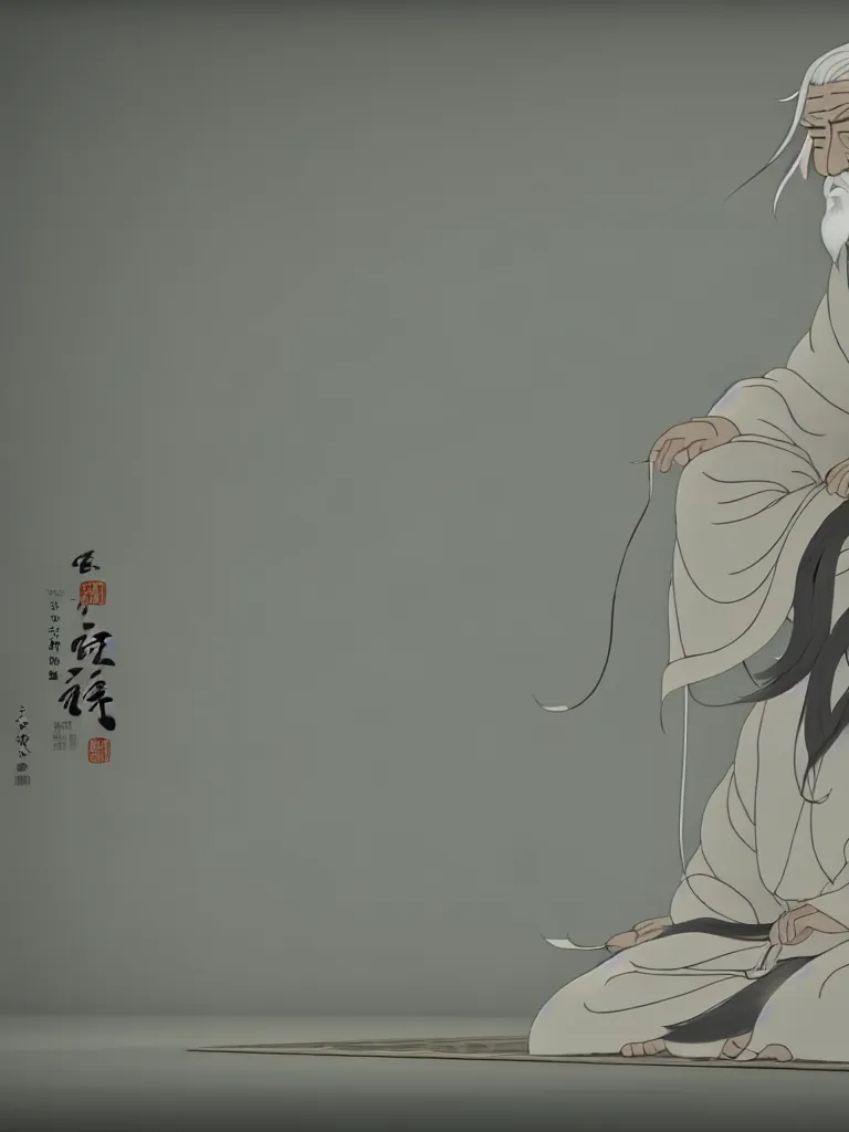 Image similar to the whole body of fuxi in chinese mythology, long white hair, long white beard, wu geng period animation style from china, wearing a grey robe, in style of makoto shinkai, raphael lacoste, akihito tsukushi, kind and solemn, sit on the ground, 3 d render, hyper detailed, 4 k hd