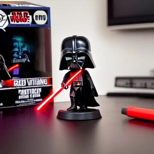 Prompt: a darth vader funko pop wielding a red lightsaber on a table inside a suburban house