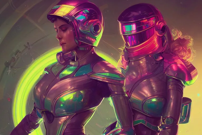 Image similar to Exhausted good looking young women wearing neon colored armour suits in a space station, elegant, intricate, retrofuturistic digital painting, artstation, concept art, smooth, sharp focus, illustration, art by artgerm and greg rutkowski and alphonse mucha