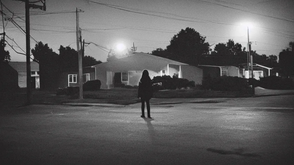 Image similar to “ quiet american neighborhood at night, a woman waiting, photography in the style of gregory crewdson, mist ”