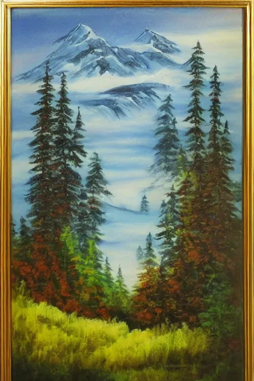 Image similar to a bob ross traditional landscape painting