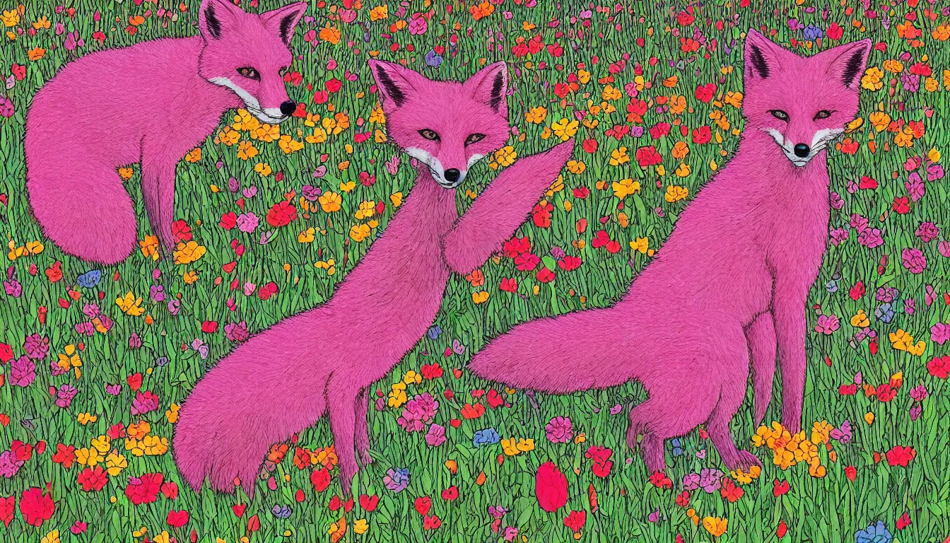 Prompt: pink fox head popping out of a field of multi colored flowers by moebius