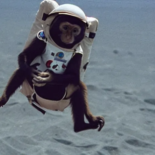 Prompt: high quality photo of a monkey astronaut stepping on the moon