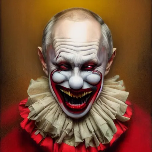 Prompt: vladimir putin, horror clown costume, red nose jester, macabre, stuning 3 d render, masterpiece, dark, by donato giancola and greg rutkowski and wayne barlow and zdzisław beksinski, realistic face