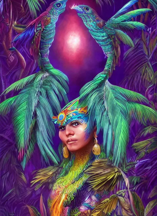 Prompt: A mayan quetzal bird , in a jungle glowing extremely detailed and beautiful face, By Artgerm, trending on artstation.