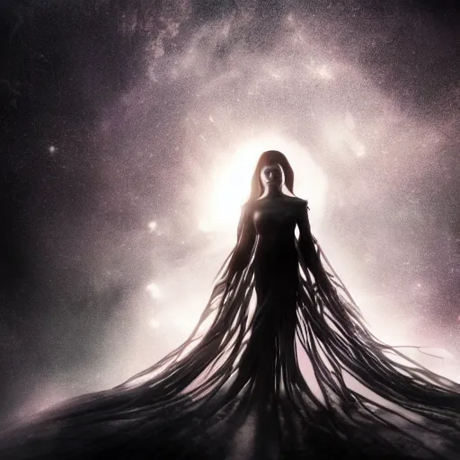 Prompt: stunning otherworldly goddess of beauty rising from the void, dark and mysterious, stopped in time, atmospheric, ominous, eerie, cinematic, Epic, 8k, 4k, ultra detail, ultra realistic, rendered by awesomeness