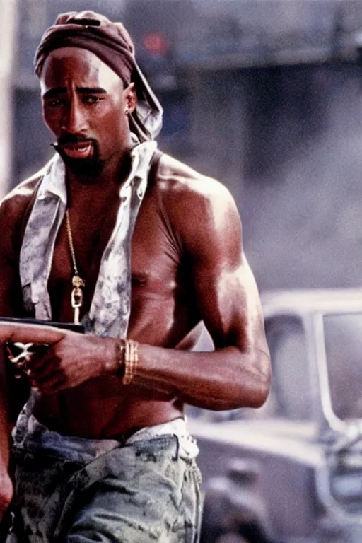 Image similar to film still of Tupac as John McClane in Die Hard, 4k