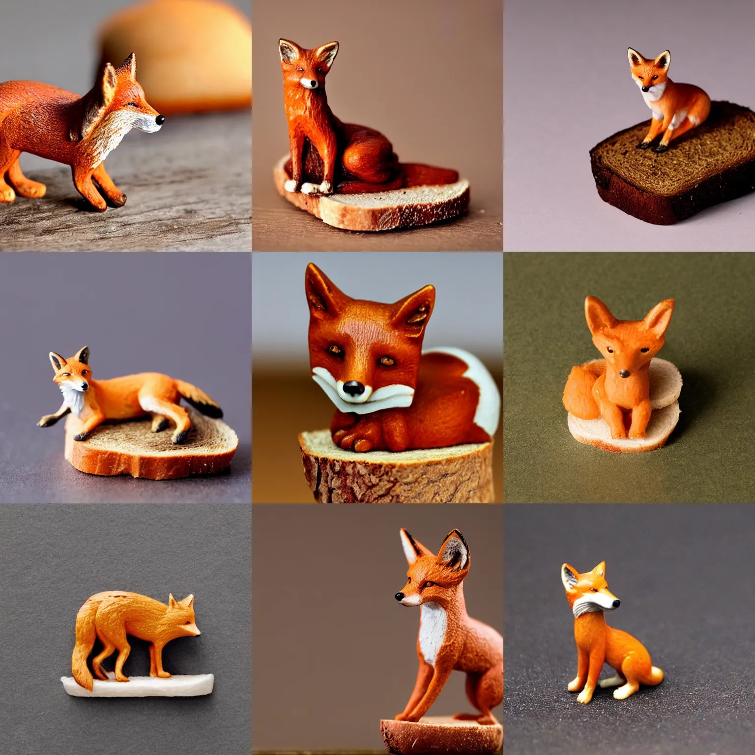 Prompt: A miniature statuette of a fox on a piece of bread. solid Background.