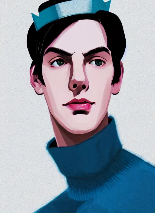 Image similar to portrait of teenage jughead jones wearing a light grey crown, crown, blue turtleneck, 1 9 5 0 s, closed eyes, photorealistic, black hair, glowing lighting, intricate, elegant, glowing lights, highly detailed, digital painting, artstation, concept art, smooth, sharp focus, illustration, art by wlop, mars ravelo and greg rutkowski