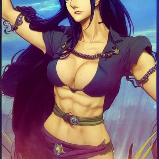 Prompt: highly detailed vfx portrait of nico robin by eiichiro oda!, makoto shinkai, alphonse mucha, art by artgerm and greg rutkowski!, backlit, harsh overhead sunlight, blue eyes!!, large aquiline nose!!, best of behance, concept art, matte, sharp focus, stanley kubrick - c 9. 0