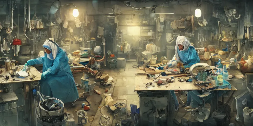 Prompt: an environmental concept art of a babushka surgeon in a cluttered mechanics workshop, surgical impliments, surgery table, highly detailed, cinematic, dramatic, cyberpunk