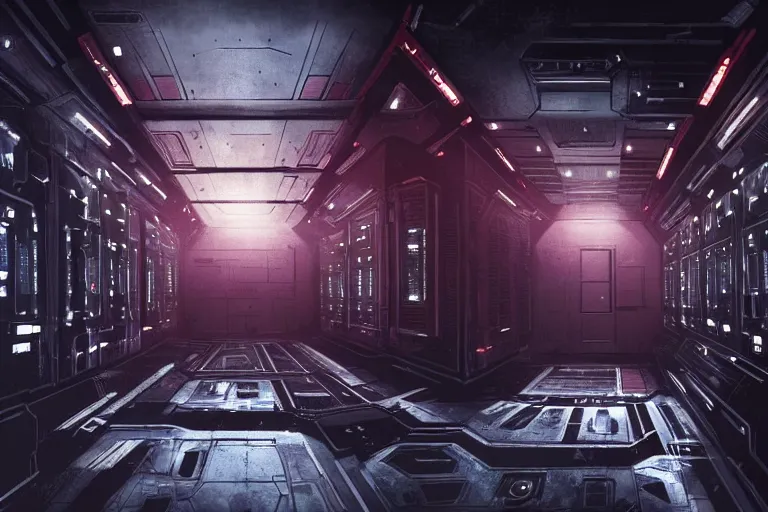 Prompt: a dark vibrant sci - fi rendering of a spacecraft interior, corridor, rows of doors, sparks from ceiling lights in the style of dead space, cinematic,