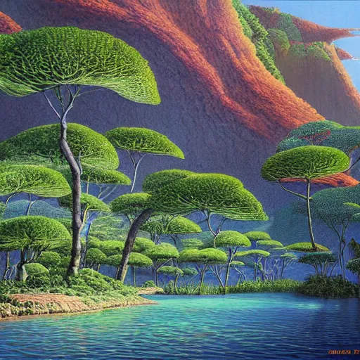 Prompt: painting of a lush natural scene on an alien planet by michael whelan. beautiful landscape. weird vegetation. cliffs and water.