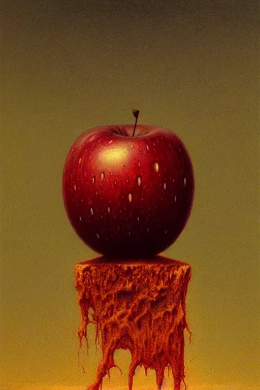 Image similar to something strange on my apple, close up of an apple, by zdzislaw beksinski, by dariusz zawadzki, by wayne barlowe, gothic, surrealism, cosmic horror, lovecraftian, cold hue's, warm tone gradient background, concept art, beautiful composition