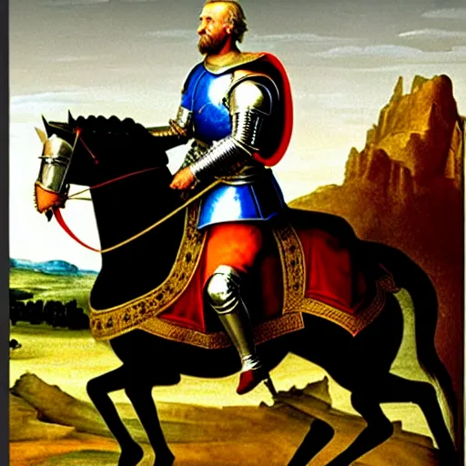 Image similar to full - body - front - shot, donald trump wearing knight'armor, crown, renaissance painting of a knight, detailed face