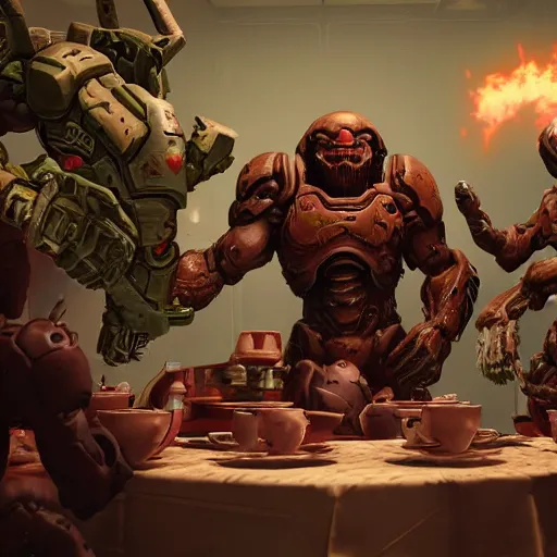 Prompt: doom slayer having a tea party with an arch - vile