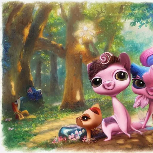 Image similar to 3d Littlest Pet Shop, forest, glitter, master painter and art style of Noel Coypel, art of Émile Eisman-Semenowsky, art of Édouard Bisson