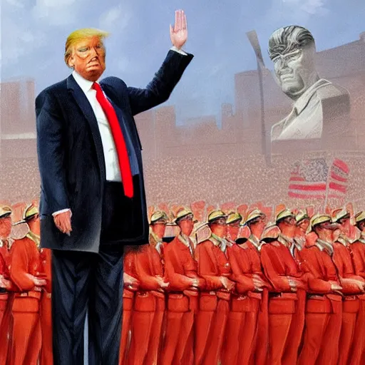 Image similar to donald trump as a communist, doing a military salute, red suit, art by artgerm, greg rutkowski, drew struzan, studio portrait, highly detailed, digital art, elegant, intricate, concept art, trending on artstation