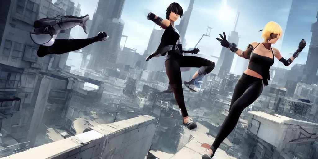 Prompt: Faith Connors from Mirror's Edge (2008 video game) running over a rooftop, cyberpunk, nighttime