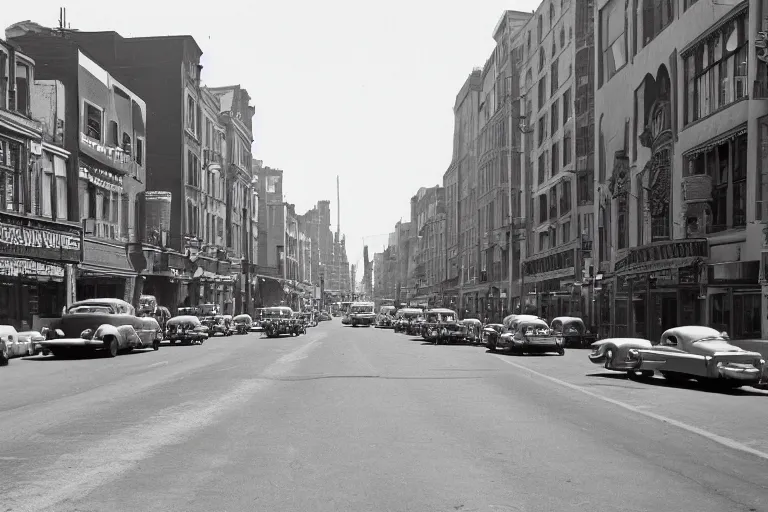 Prompt: street view of a city in 1950, cars and traffic