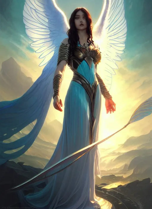 Image similar to a beautiful cinematic female archangel queen, fantasy sea landscape, fantasy magic, short aqua blue black fade hair, dark light night, intricate, elegant, sharp focus, illustration, highly detailed, digital painting, concept art, matte, art by WLOP and Artgerm and Greg Rutkowski and Alphonse Mucha, masterpiece