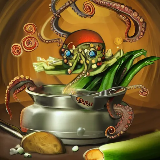 Image similar to an octopus cooking soup, stirring a pot with a ladle and cutting vegetables, fantasy illustration, trending on artstation, deviantart, very realistic, 4k