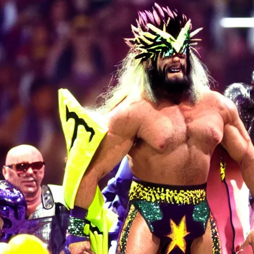 Image similar to Macho Man Randy Savage wearing Saiyan Armor at Wrestlemania 7, highly detailed