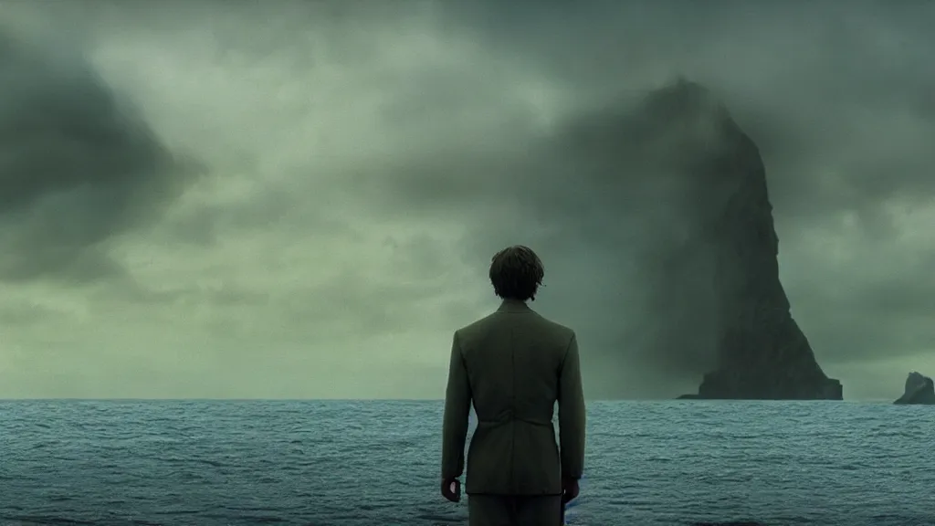 Image similar to Cillian Murphy coming out of the ocean, film still from the movie directed by Denis Villeneuve with art direction by Zdzisław Beksiński, wide lens