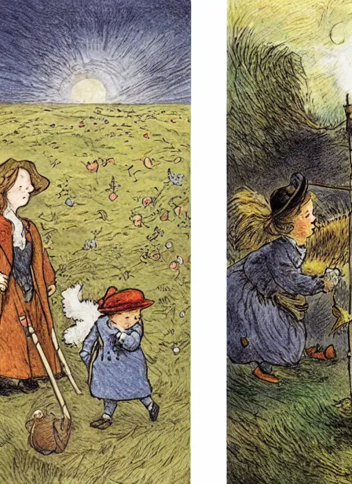 Image similar to sky transitioning from day to night, one half is sunny, other half is starry and dark, illustrated by peggy fortnum and beatrix potter and sir john tenniel