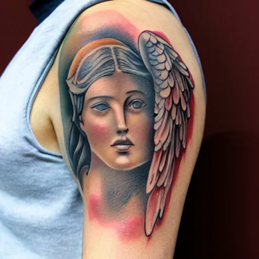 Image similar to Tattoo of a biblically accurate angel on shoulder