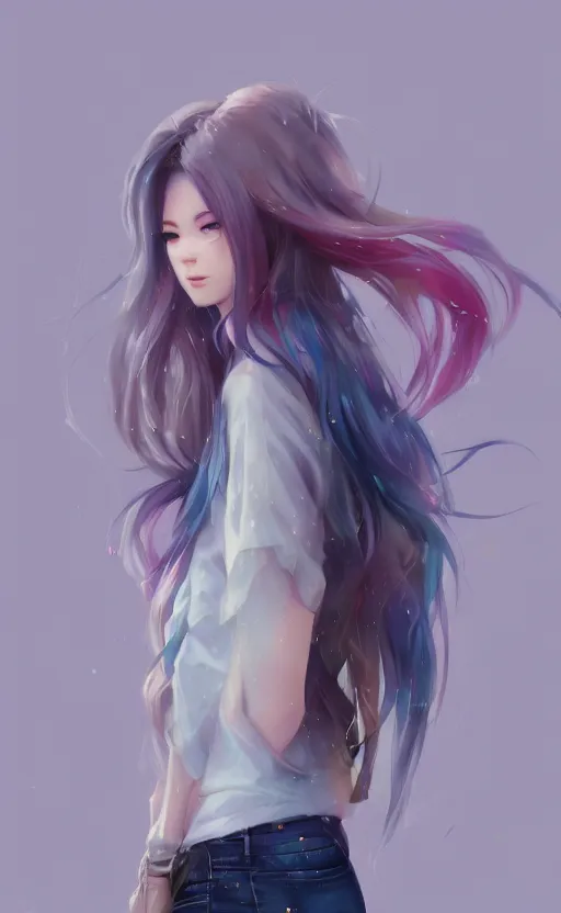 Image similar to a kawaii woman with rainbow hair, soft eyes and narrow chin, dainty figure, long hair straight down, kawaii shirt and jeans, basic white background, In style of by Jordan Grimmer and greg rutkowski, crisp lines and color