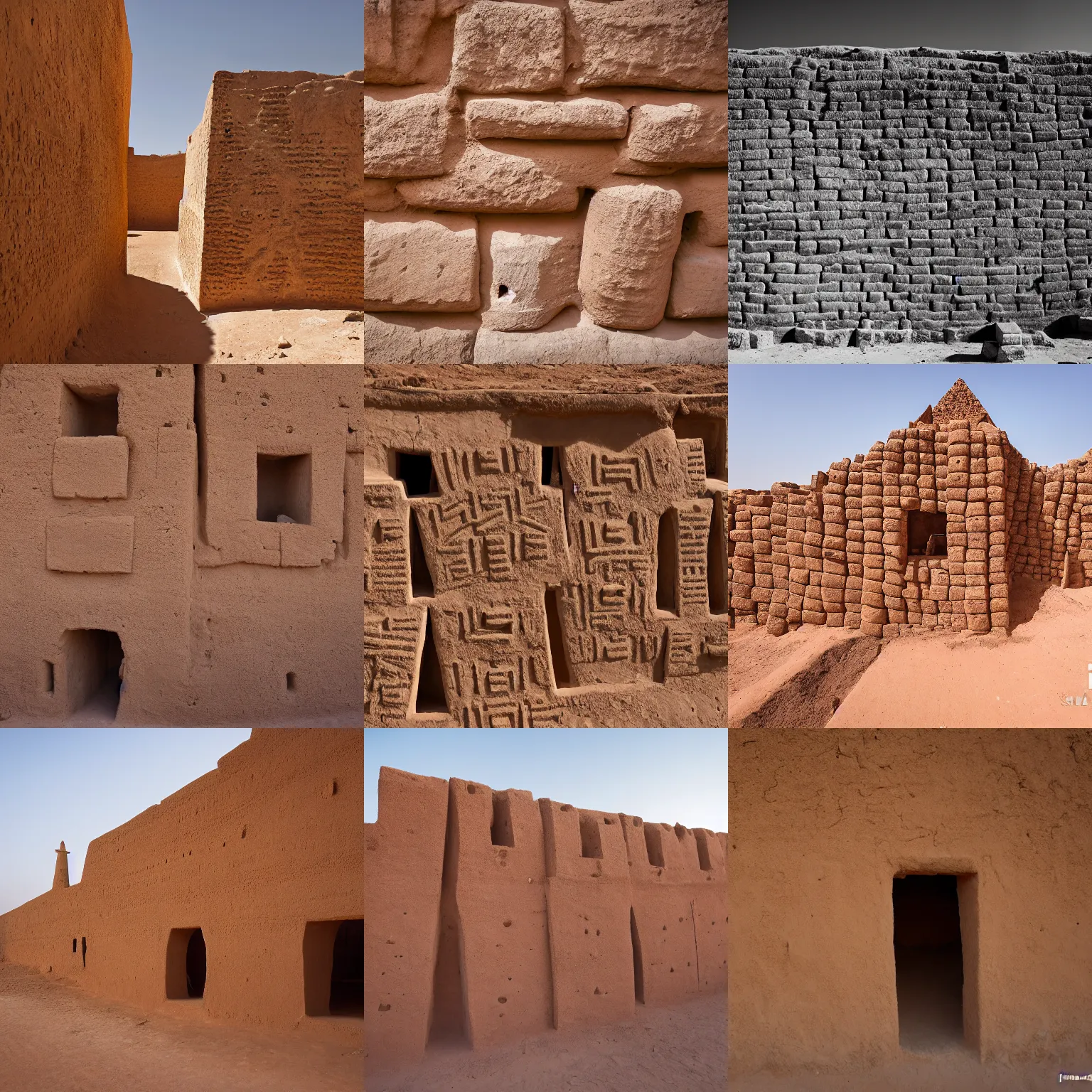 Prompt: High-quality photography of old West African city walls made of mud bricks, Timbuktu, Canon TS-E 17mm, National Geographic