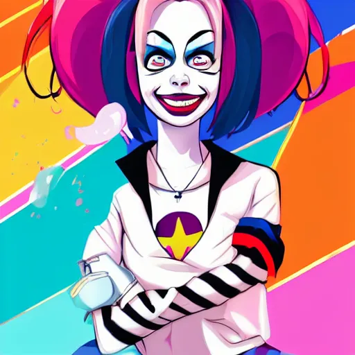 Image similar to kirsten schaal as harley quinn as delirium of the endless, the sandman, rainbow clothes, clean cel shaded vector art. shutterstock. behance hd by lois van baarle, artgerm, helen huang, by makoto shinkai and ilya kuvshinov, rossdraws, illustration