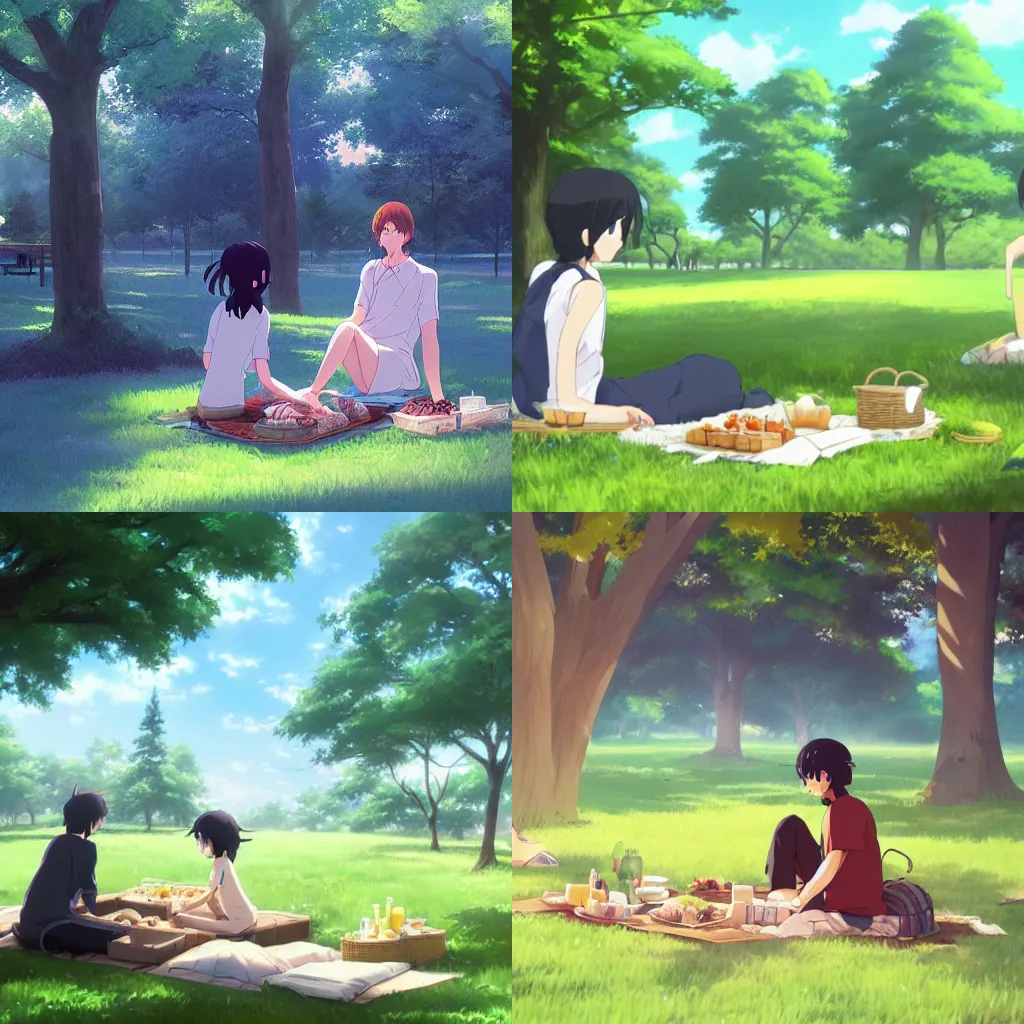 a picnic in the park by makoto shinkai | Stable Diffusion