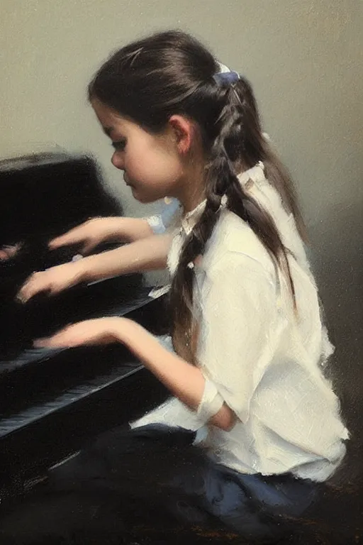 Image similar to “ little girl, pigtails hairstyle, practicing at the piano, jeremy lipking, casey baugh ”